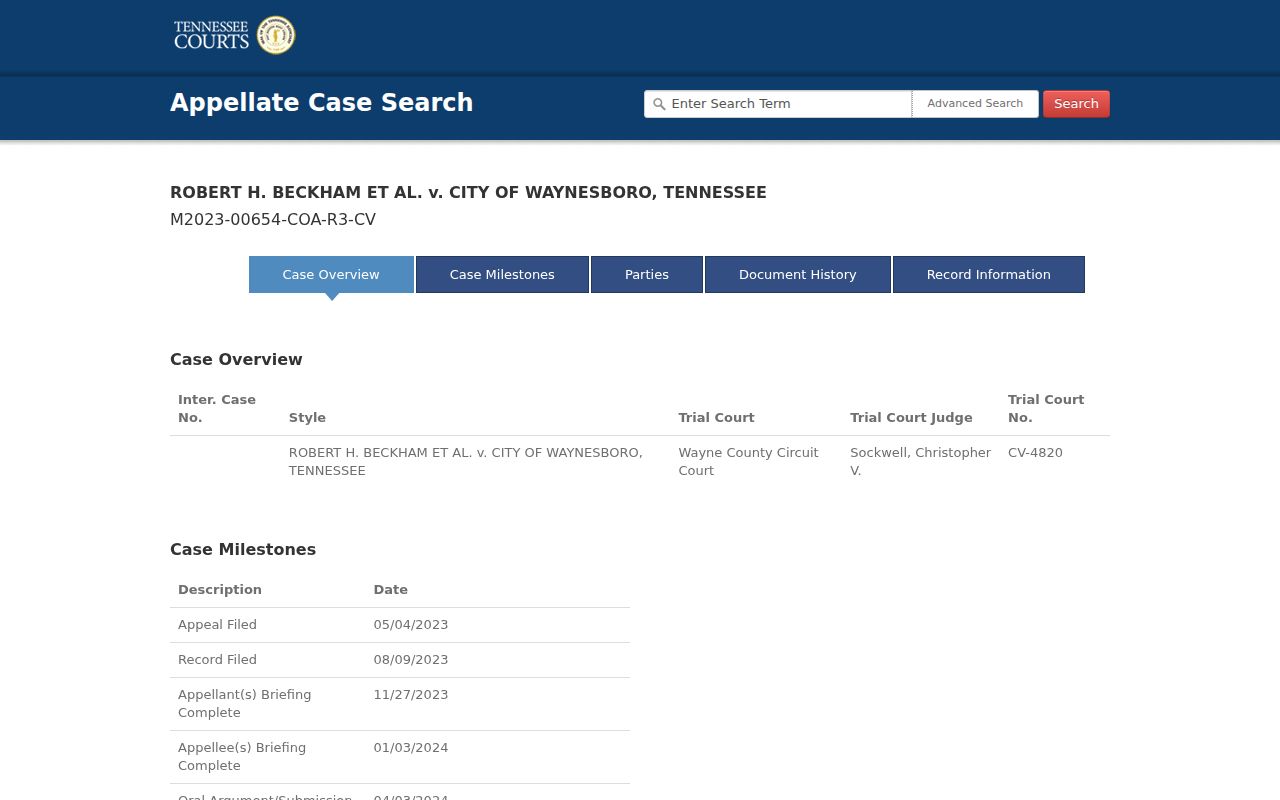 Tennessee appellate case history interface for a Wayne County court schedule search