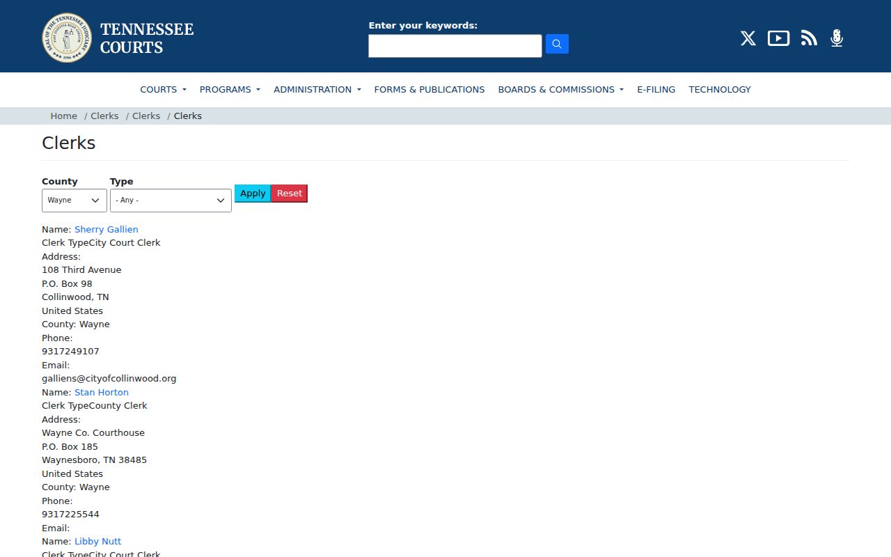 Wayne County court records clerk directory