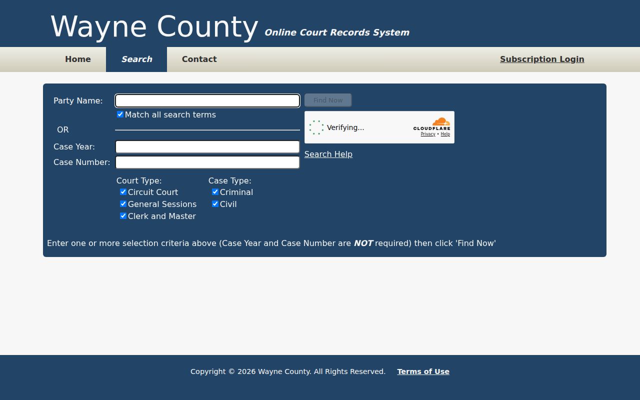 Wayne County docket search form fields
